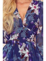 FRANCES - Tmavomodré kvetované dámske šifónové šaty s dekoltom 388-1 FRANCES - Tmavomodré kvetované dámske šifónové šaty s dekoltom 388-1