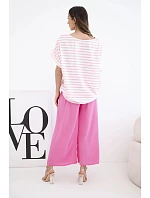 Dámska súprava z viskózy s pruhovanou blúzkou a širokými nohavicami s gumičkou ružovej farby