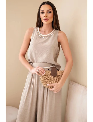 Dámska súprava z viskózy s tielkom bez rukávov a širokými nohavicami s fango lemom