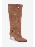 Nazouvací dámské kozačky na podpatku se zlatými ozdobami béžové Thaliane