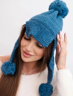Dámska zimná čiapka s vlnou, s kšiltom a bambuľkami K475 jeans