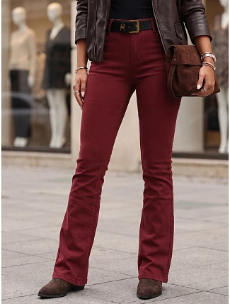 Dámske džínsy so rozšírenými nohavicami, s opaskom a vysokým pásom, vínové, FashionStreet UY3111 Dámske džínsy so rozšírenými nohavicami, s opaskom a vysokým pásom, vínové, FashionStreet UY3111