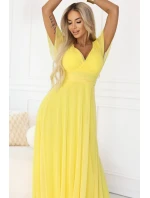 562-8 NASTIA Dlhé šaty so srdiečkovým výstrihom, podšívkou a krátkymi rukávmi - citrónové limoncello