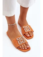 Klapki Damskie Na Płaskim Obcasie Z Ozdobą Pomarańczowe Inaile