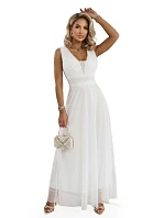 637-8 Dlhé maxi šaty s brokátovým akcentom a hlbokým výstrihom - ecru