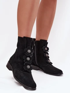 Zamszowe Botki Damskie Z Ozdobnymi Kwiatkami Zazoo 3085 Czarne