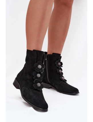 Zamszowe Botki Damskie Z Ozdobnymi Kwiatkami Zazoo 3085 Czarne