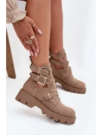 Botki Damskie Z Paskami I Złotymi Klamrami Beżowe Helisse