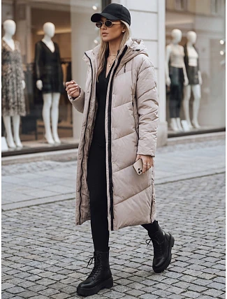 Dámska dlhá zimná prešívaná bunda v béžovej farbe FashionStreet TY5430 Dámska dlhá zimná prešívaná bunda v béžovej farbe FashionStreet TY5430