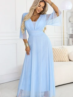 Dlhé trblietavé plus size šaty 654-3 modré - Numoco