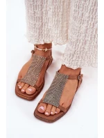 Płaskie Eleganckie Sandały Damskie Z Kryształkami Artiker 56C1365 Brązowe