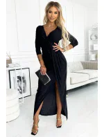 404-6 Dlhé trblietavé šaty s výstrihom a rozparkom na nohách - ČIERNE s trblietkami 404-6 Dlhé trblietavé šaty s výstrihom a rozparkom na nohách - ČIERNE s trblietkami