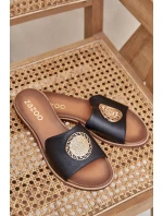 Skórzane Klapki Z Ozdobą Na Płaskim Obcasie Zazoo 3047/O Czarne