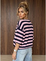 Dámsky oversize sveter s pruhmi v tmavomodrej a ružovej farbe FashionStreet MY2609 Dámsky oversize sveter s pruhmi v tmavomodrej a ružovej farbe FashionStreet MY2609