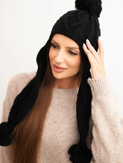 Dámska zimná pletená čiapka s bambulou a predĺženými bokmi K448 čierna