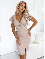 479-16 NINA – elegantné šaty s výstrihom do V, rukávmi a opaskom – tmavo béžové s brokátom 479-16 NINA – elegantné šaty s výstrihom do V, rukávmi a opaskom – tmavo béžové s brokátom