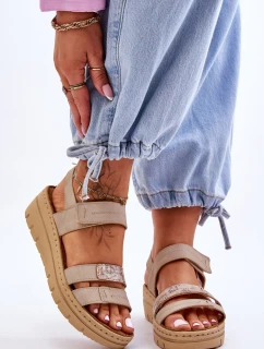 Damskie Skórzane Sandałki Na Rzep Beżowe Fresh Look