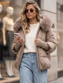 Dámska zimná prešívaná bunda s kožušinou, béžová, FashionStreet TY5994