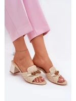 Klapki Damskie Na Obcasie Z Ozdobą Beżowe Ovittole