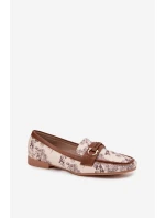 Wzorzyste Mokasyny Loafersy Damskie Z Ozdobnym Elementem Beżowo-Brązowe Evelora
