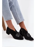 Skórzane Zamszowe Botki Damskie Na Obcasie Z Ozdobą D&A MR52-182 Czarne