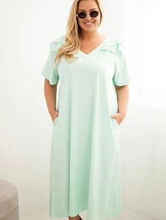 Dámske plus size bavlnené šaty s volánom na ramenách mätová