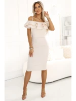 599-1 CARMEN Priliehavé midi šaty v španielskom štýle - béžové