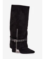 Kozaki Damskie Wsuwane Na Słupku Z Ozdobnym Paskiem Czarne Jolivine