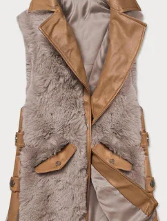 Elegantná vesta z karamelovo-béžovej ekokože a kožušiny (BR9592-48022)