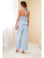Dámsky viskózový uzlíkový top a nohavice so širokými nohavicami modré Dámsky viskózový uzlíkový top a nohavice so širokými nohavicami modré