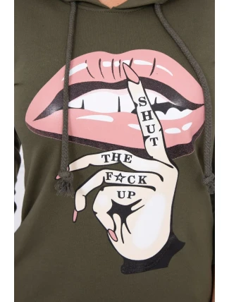 Šaty s dlhším chrbtom a farebnou khaki potlačou