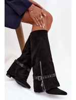 Kozaki Damskie Wsuwane Na Słupku Z Ozdobnym Paskiem Czarne Jolivine