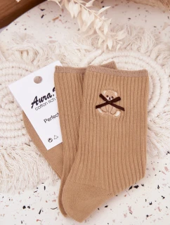 Bavlněné ponožky pruhované s medvídkem světle hnědé