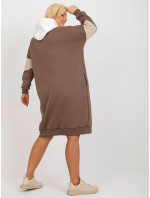 Ecru-hnedé základné plus size mikinové šaty s vreckami