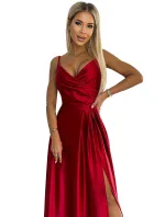 299-14 CHIARA elegantné dlhé saténové maxi šaty bez ramienok - ČERVENÉ 299-14 CHIARA elegantné dlhé saténové maxi šaty bez ramienok - ČERVENÉ
