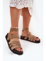 Eko Zamszowe Sandały Damskie Z Rzepami Ciemnobeżowe Valpera