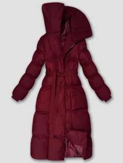 Dámska dlhá zimná bunda s opaskom bordová (5M3327-1)