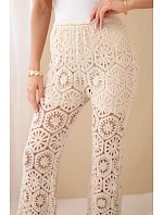 Dámske bavlnené nohavice azura so širokými nohavicami a elastickým pásom béžovej farby