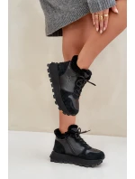 Skórzane Sneakersy Trapery Damskie Z Futerkiem Na Platformie Big Star OO274A329 Czarne
