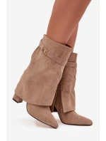 Ocieplane Botki Damskie Na Słupku Z Ozdobnym Paskiem Khaki Luvielle