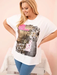 Dámska bavlnená blúzka v nadmernej veľkosti s farebnou potlačou biela + ružová