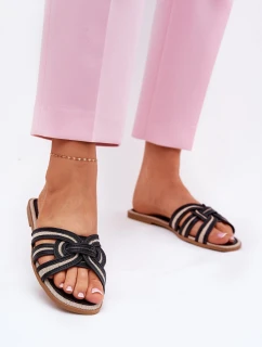 Klapki Damskie Płaskie Z Przeplatającymi Się Paskami Czarne Acimine