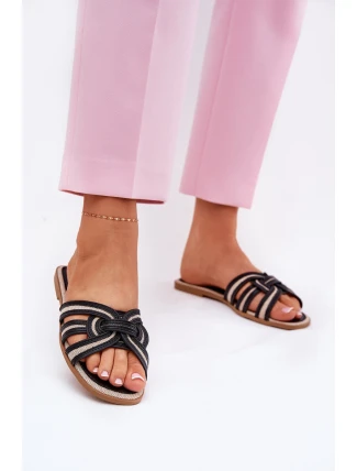 Klapki Damskie Płaskie Z Przeplatającymi Się Paskami Czarne Acimine