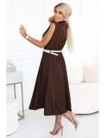 596-4 Elegantná midi košeľa so zlatými gombíkmi a opaskom - CHOCOLATE 596-4 Elegantná midi košeľa so zlatými gombíkmi a opaskom - CHOCOLATE