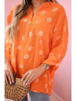 Dámska ľanová blúzka s kvetinovým vzorom, dlhými rukávmi a gombíkmi Oranžová
