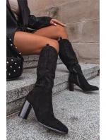 Kozaki Damskie Na Słupku Z Eko Zamszu Czarne Prisca