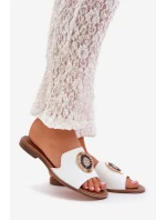 Skórzane Klapki Z Ozdobą Na Płaskim Obcasie Lewski 3047/O Białe