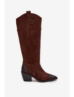 Kozaki Kowbojki Damskie Na Obcasie Z Naturalnego Zamszu Artiker 57C0230 Brązowe