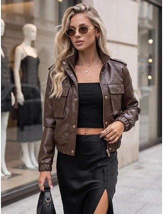 Dámska kožená bunda typu bomber na prechodné obdobie, hnedá, FashionStreet TY5874 Dámska kožená bunda typu bomber na prechodné obdobie, hnedá, FashionStreet TY5874