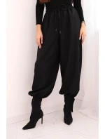 Dámske široké nohavice so zaväzovaním v spodnej časti čierne